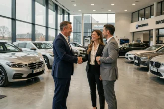 Concessionnaire automobile dans le Pas-de-Calais accueillant des clients dans un showroom moderne avec plusieurs véhicules exposés