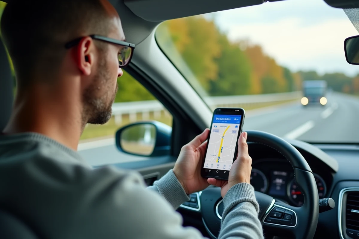 Conducteur consultant une application de navigation pour emprunter les routes gratuites sur autoroute en France