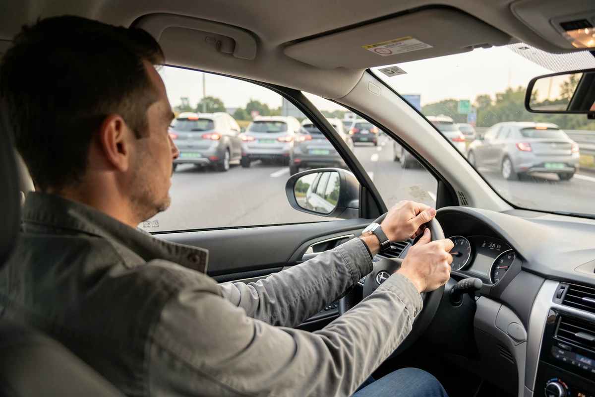 Conducteur au volant sur autoroute observant d'autres véhicules dont certains avec des plaques vertes