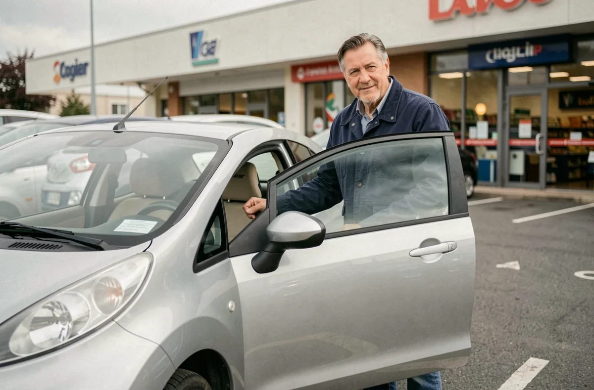 Homme d'une cinquantaine d'années ouvrant la portière d'une Ligier 4 places argentée dans un parking de supermarché