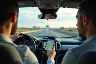 Conducteur consultant l'application Mappy sur smartphone monté en voiture sur autoroute française avec signalisation de déviation