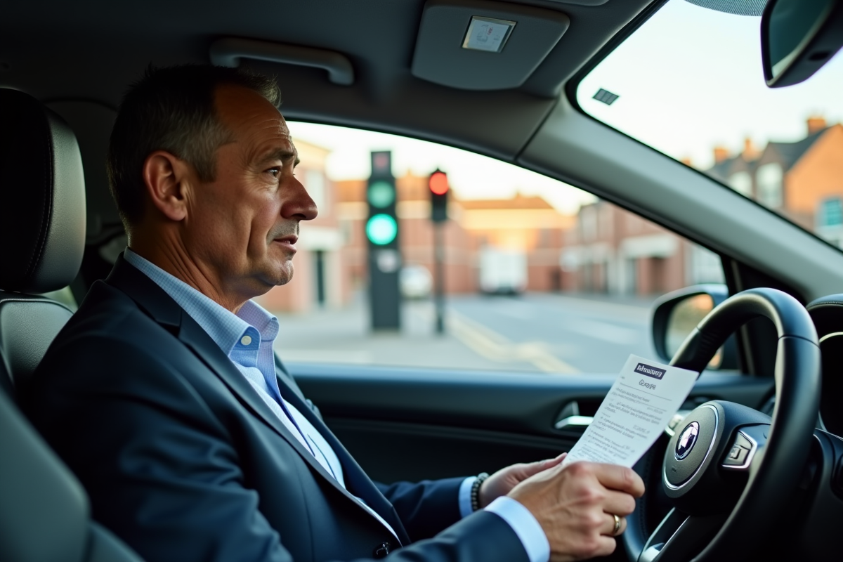 Homme d'affaires dans une voiture regardant une contravention