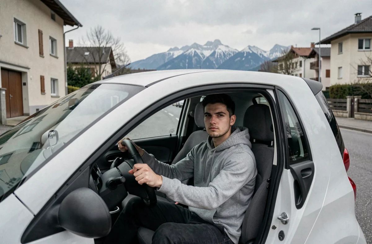 Jeune homme au volant d'une voiture sans permis dans un quartier résidentiel de Grenoble avec les montagnes en fond