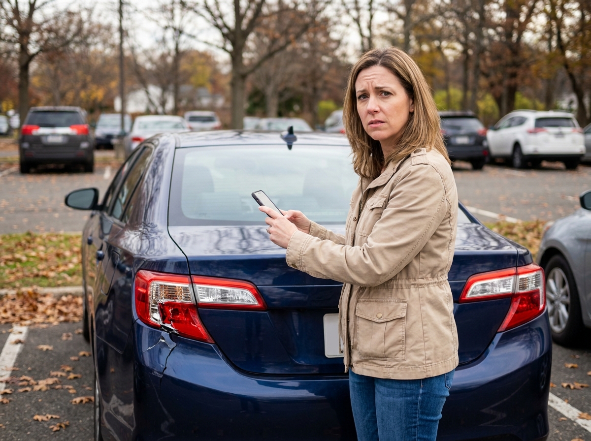 Femme photographiant le feu arrière cassé de sa berline avec son smartphone dans un parking résidentiel