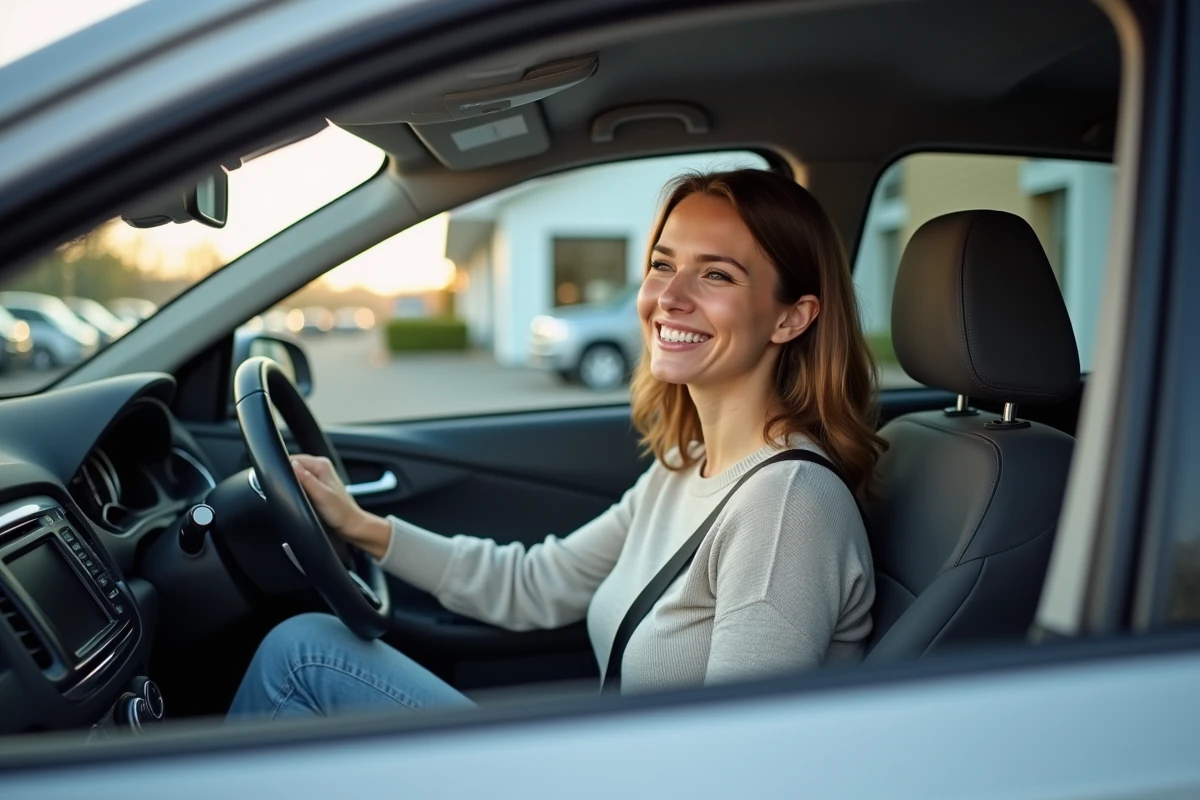 Femme conductrice souriante dans sa voiture en extérieur