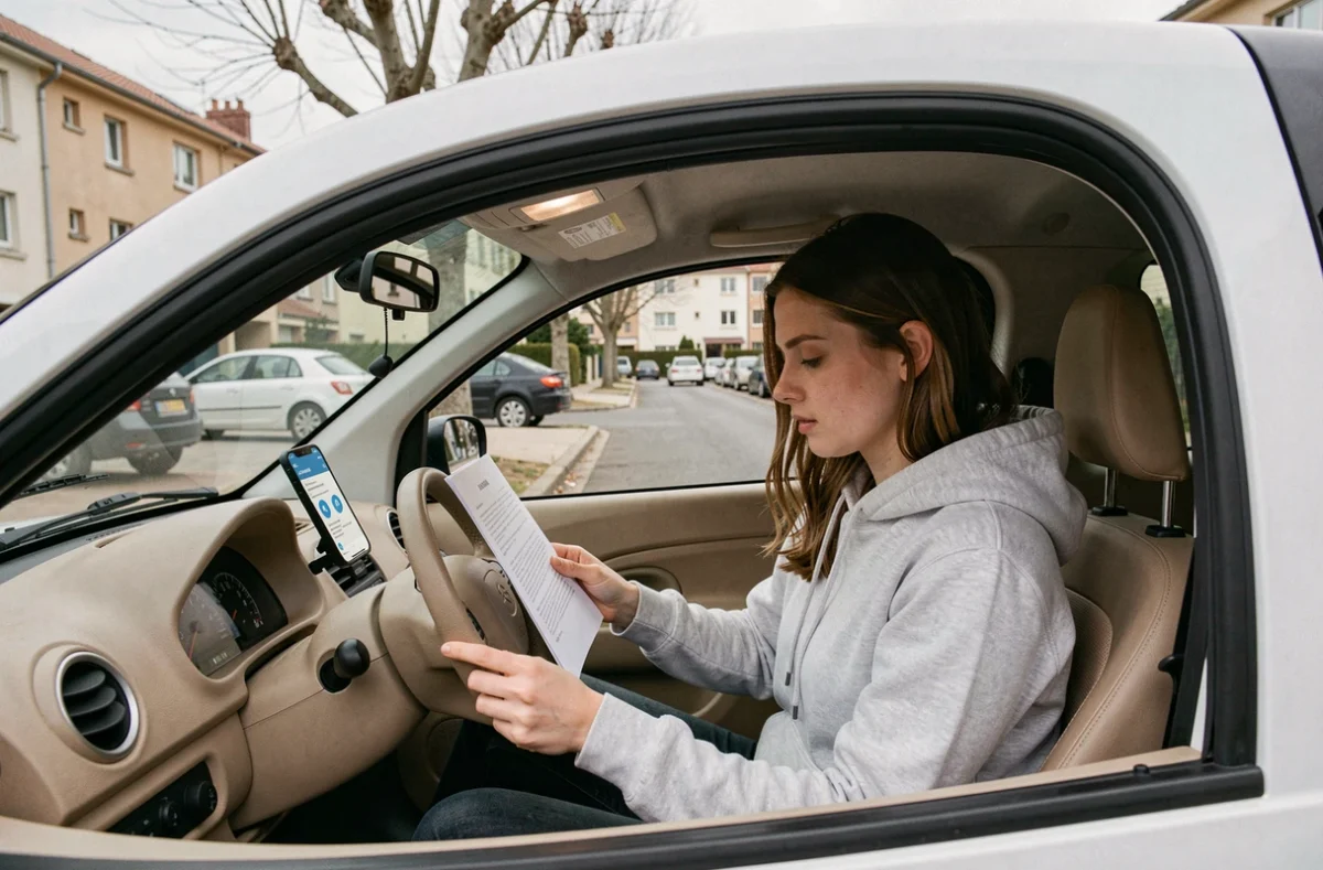 Jeune femme au volant d'une voiture sans permis lisant un document légal concernant le débridage