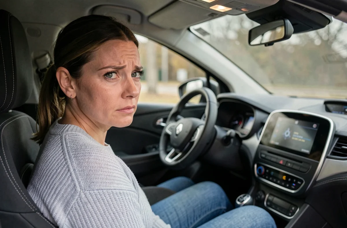 Conductrice regardant un voyant allumé sur le tableau de bord de sa Renault Captur avec une expression préoccupée