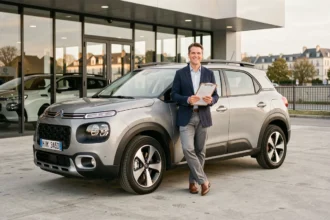 Conseiller commercial en concession automobile évaluant la cote de revente d'un Citroën C3 Aircross avec documents de prix
