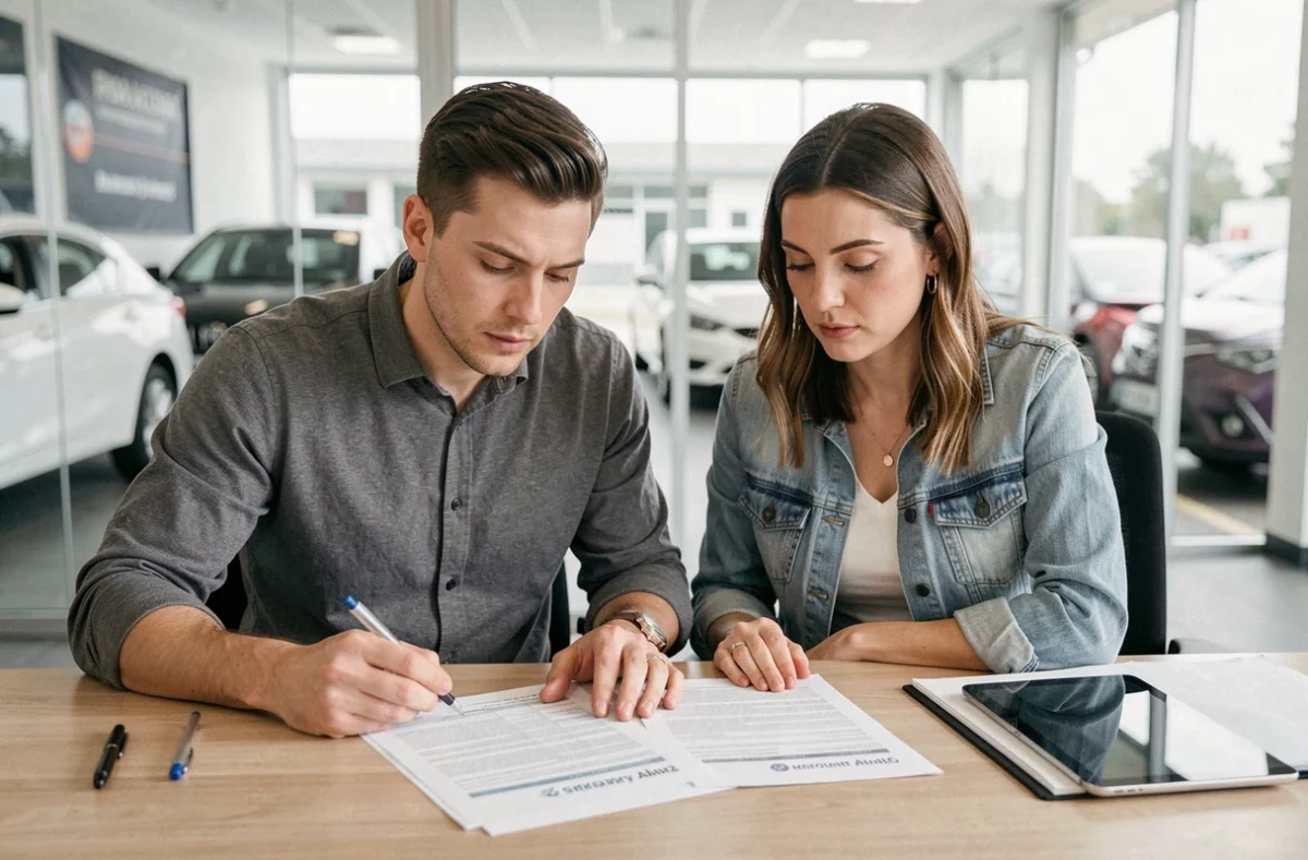 Couple examinant un contrat d'assurance auto sans premier versement chez un concessionnaire