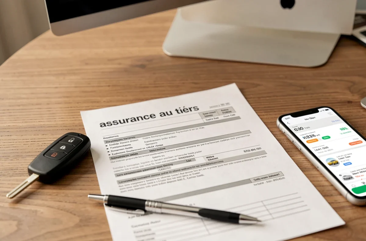 Détail d'un contrat d'assurance voiture au tiers avec clé de voiture et smartphone sur un bureau en bois