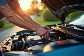 Personne vérifiant le moteur d'une voiture moderne en plein jour