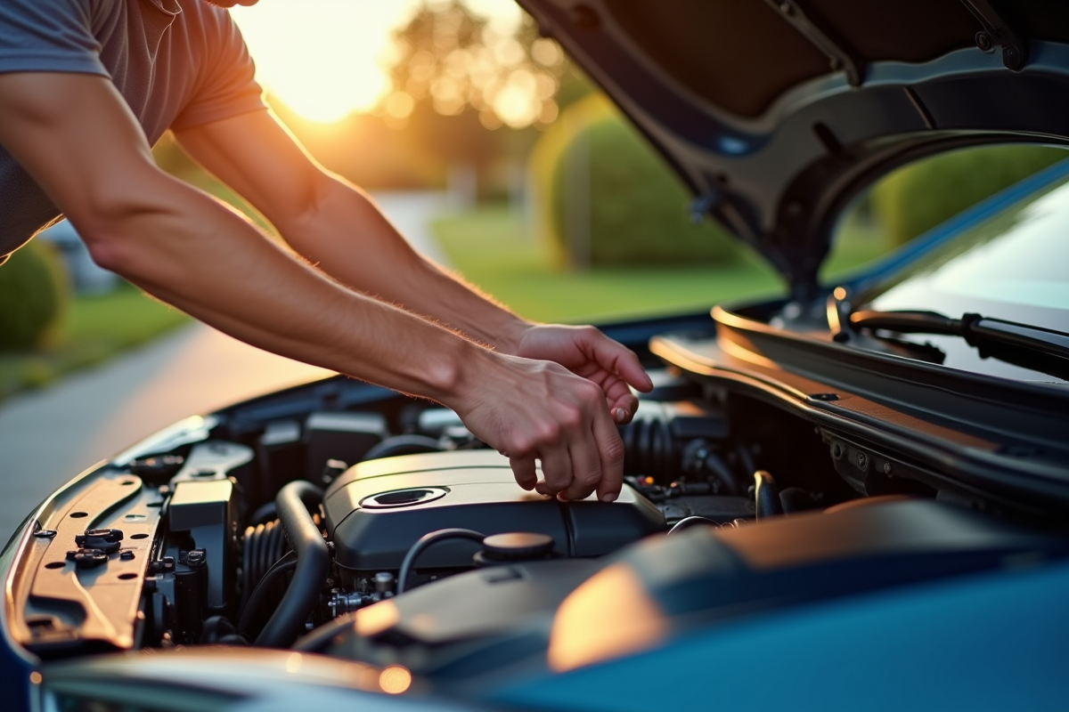 Personne vérifiant le moteur d'une voiture moderne en plein jour