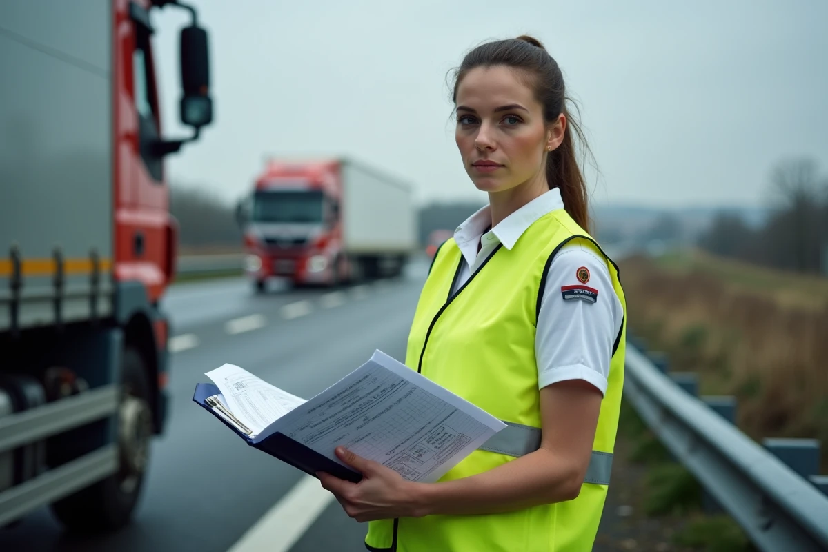 Contrôleuse des transports vérifiant les documents de temps de repos d'un chauffeur poids lourd lors d'un contrôle routier