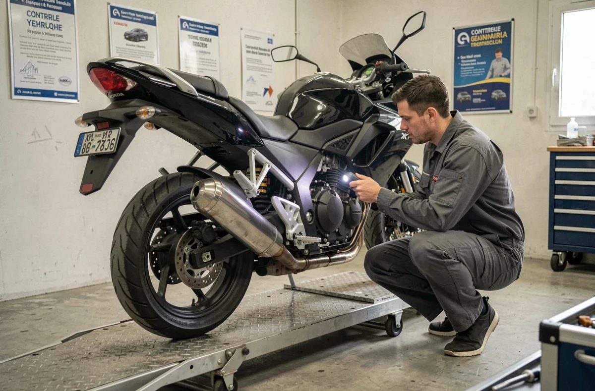 Mécanicien inspectant une Honda XLV750R lors d'un contrôle technique en France pour valider l'immatriculation d'une moto importée