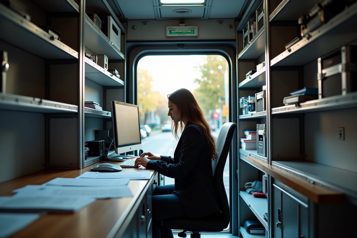 Femme de production assise à son bureau dans un camion de service film