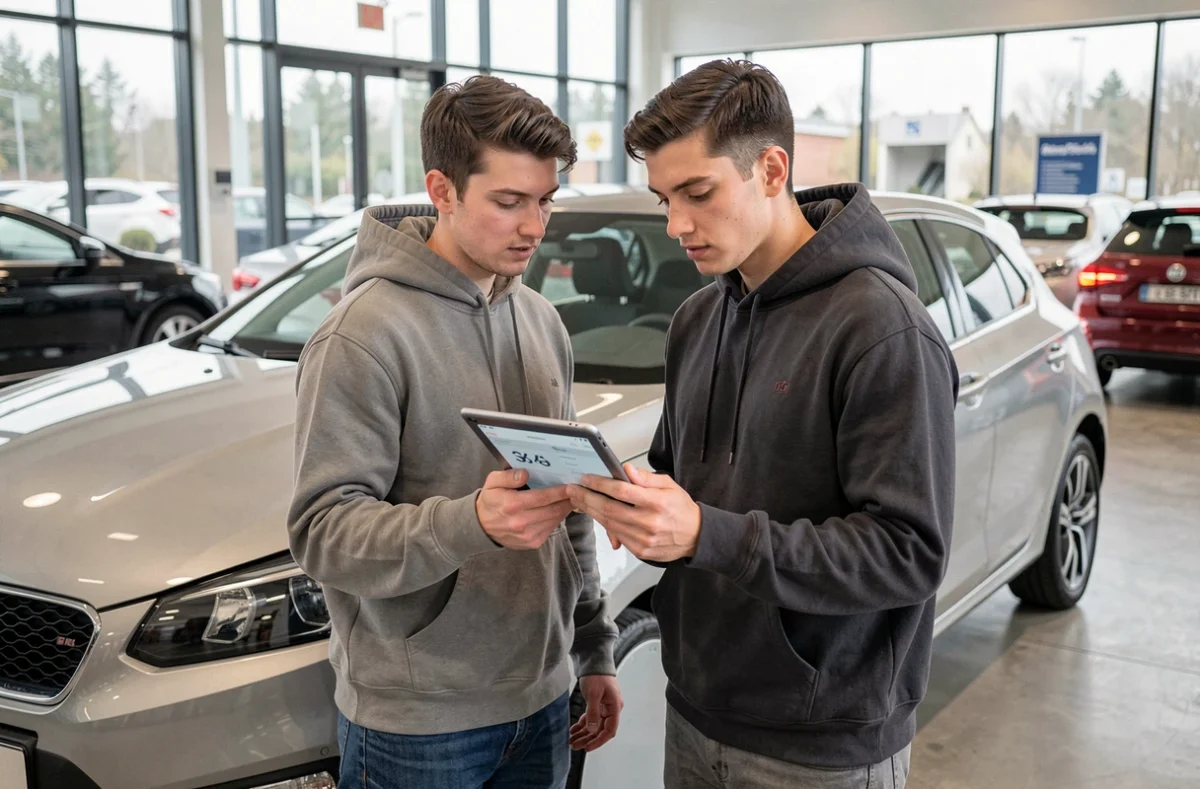 Couple évaluant les différences de prix entre assurance au tiers et tous risques dans une concession automobile