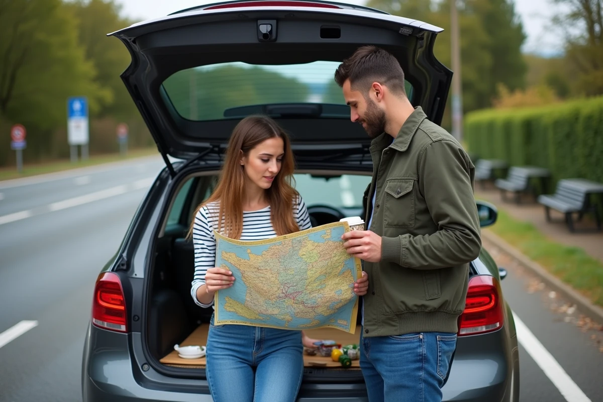 Couple planifiant un trajet sur autoroute gratuite en France avec une carte routière à une aire de repos