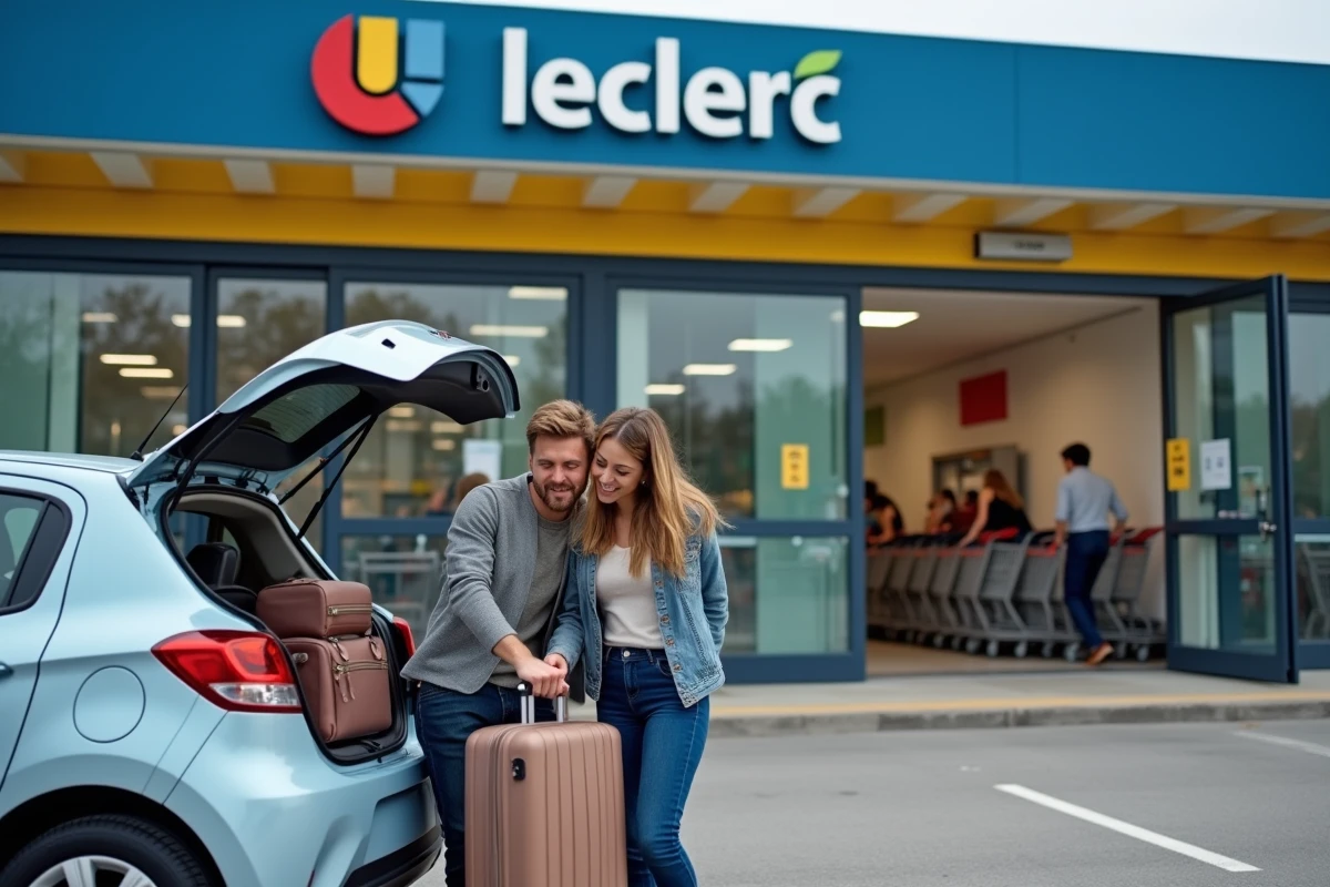 Couple chargeant leurs bagages dans une voiture de location économique devant un hypermarché Leclerc