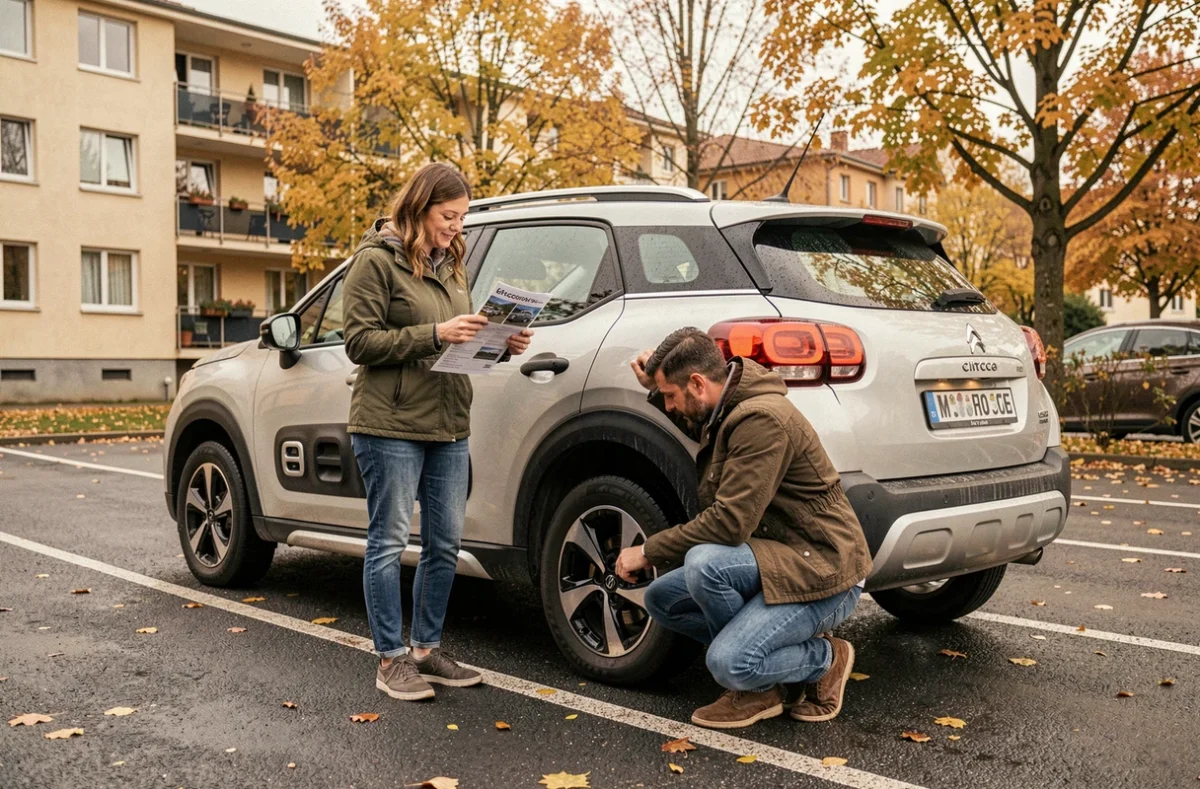 Couple évaluant la cote d'un Citroën C3 Aircross d'occasion en parking avec fiche d'estimation de revente