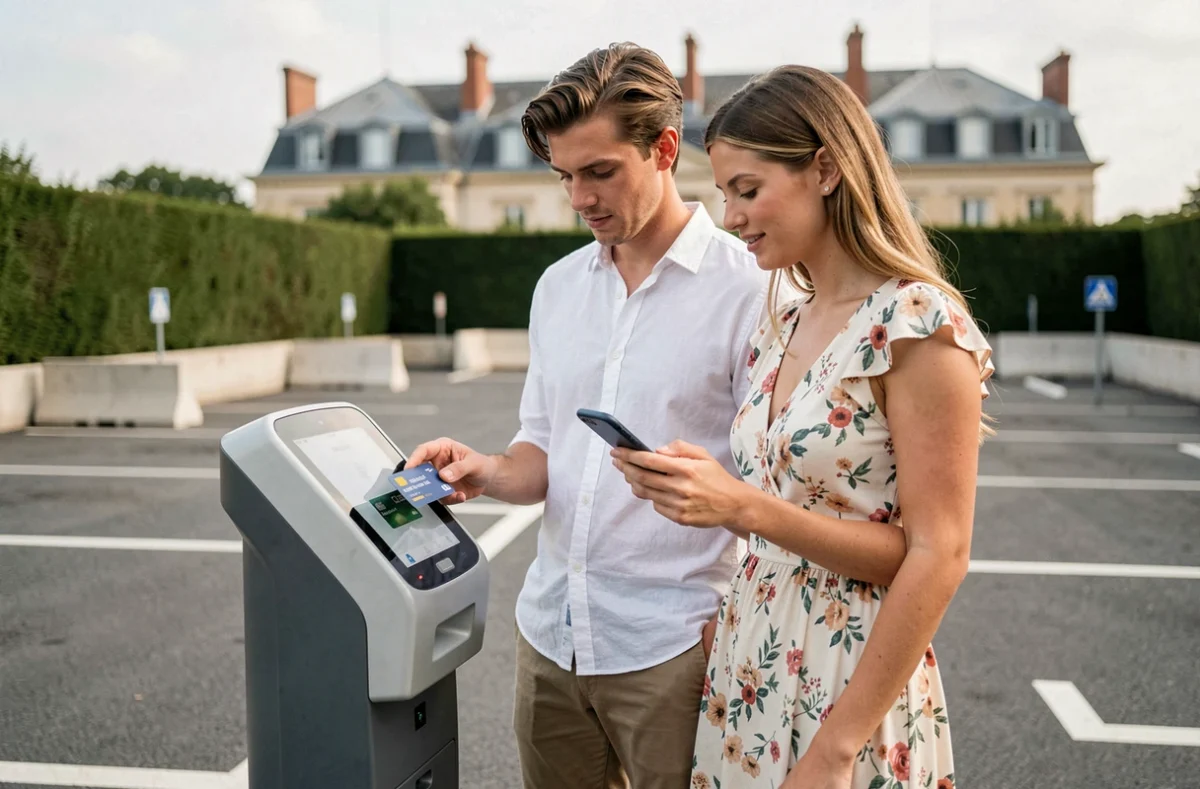 Couple de touristes utilisant un horodateur dans un parking public près des sites de Versailles