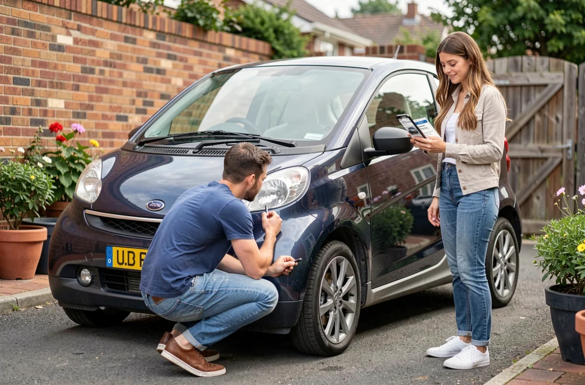 Couple inspectant une voiture sans permis 4 places d'occasion devant une maison particulière lors d'une vente entre particuliers