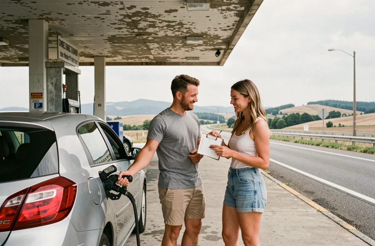 Couple faisant le plein d'essence à une station-service avant un road trip spontané en hatchback