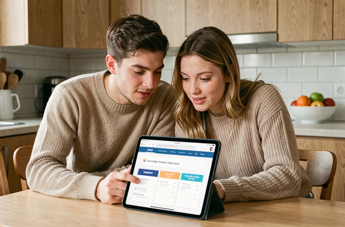 Couple consultant une tablette pour comparer des offres d'assurance auto dans une cuisine moderne