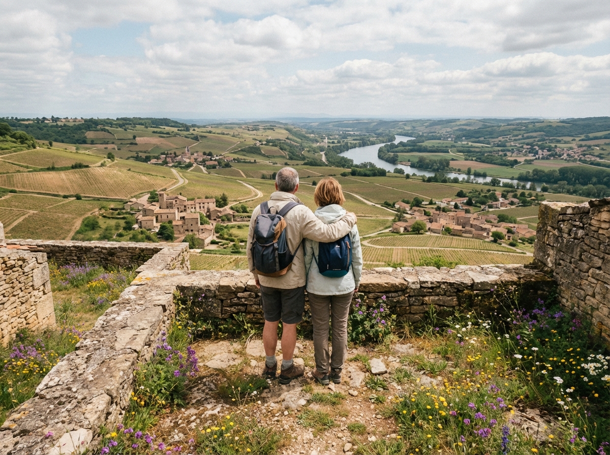 Couple admirant le paysage viticole près de Lyon