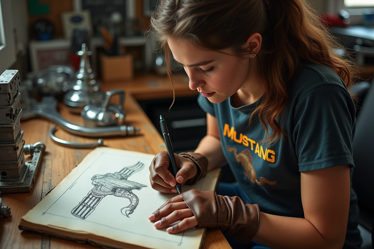 Jeune femme dessinant un logo Mustang dans un atelier