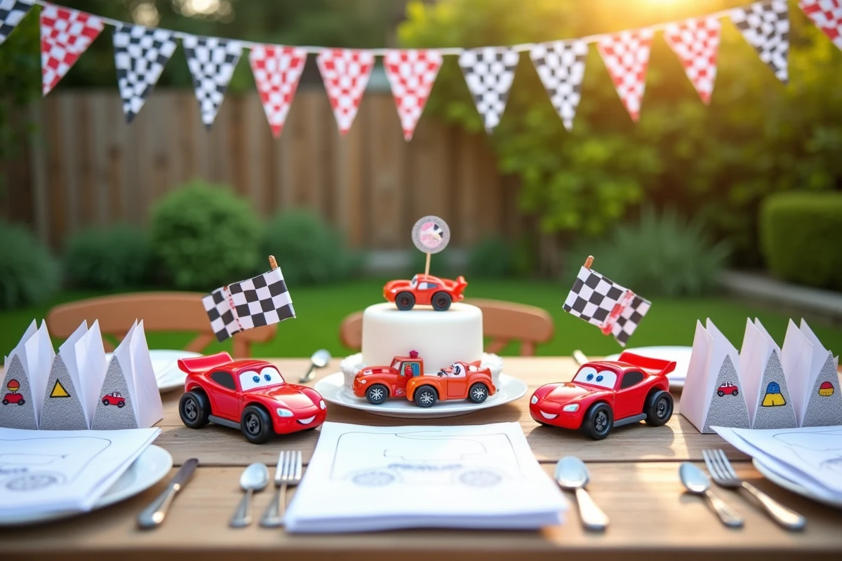 Table d'anniversaire décorée avec des impressions de voitures, fanions et cartes illustrées pour enfants