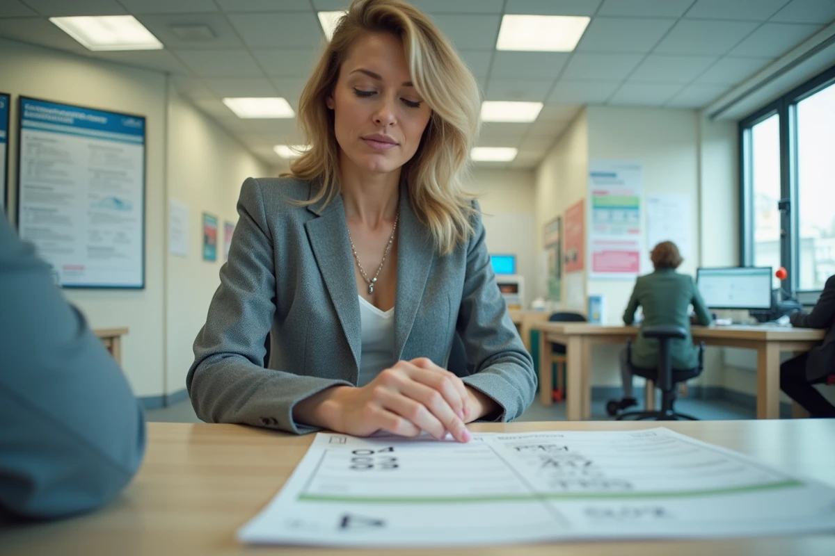 Femme examinant un certificat d'immatriculation et des documents SIV dans un bureau administratif de préfecture française