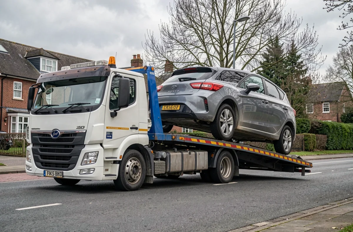 Dépanneuse chargeant une voiture grise sur son plateau dans une rue calme