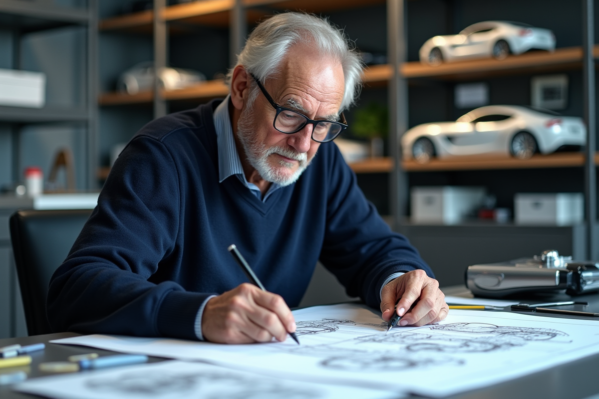 Designer automobile âgé analysant des croquis dans un studio moderne