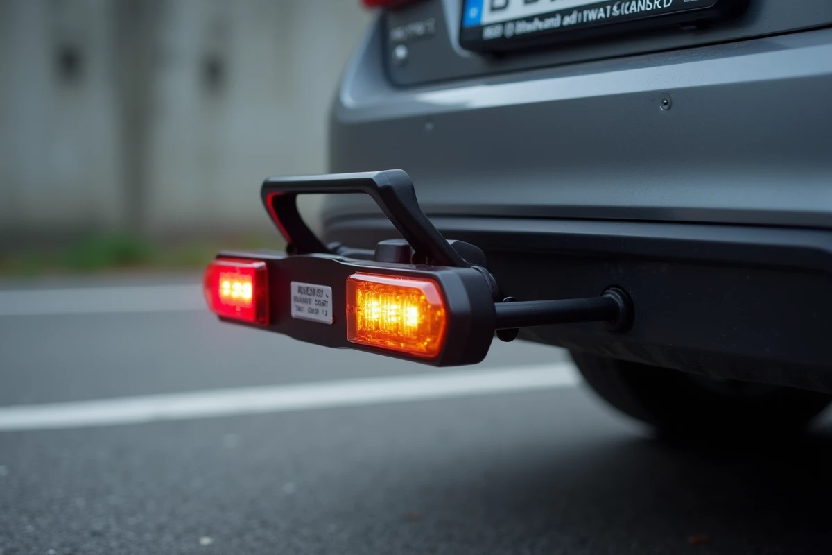 Détail du panneau de feux et de la plaque d'immatriculation sur un porte vélo attelage 4 vélos