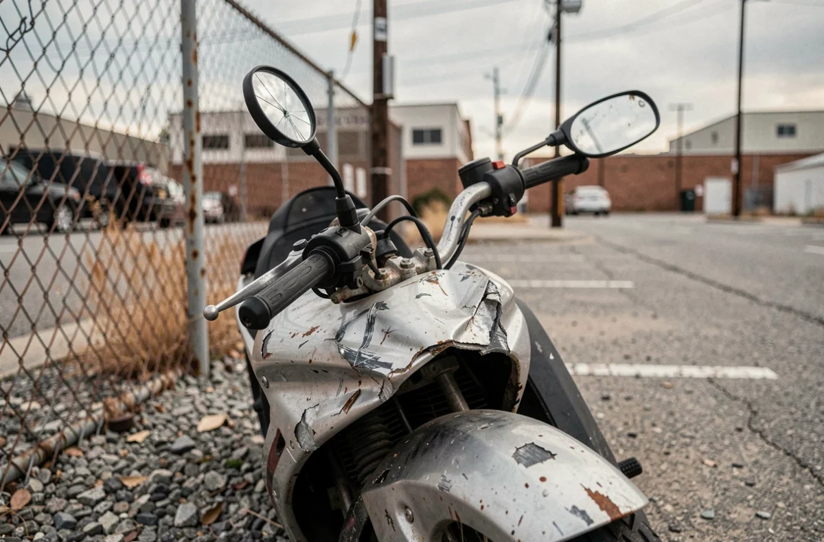 Détail d'une moto abîmée abandonnée sur un parking, illustrant le concept de garantie garage mort en assurance moto