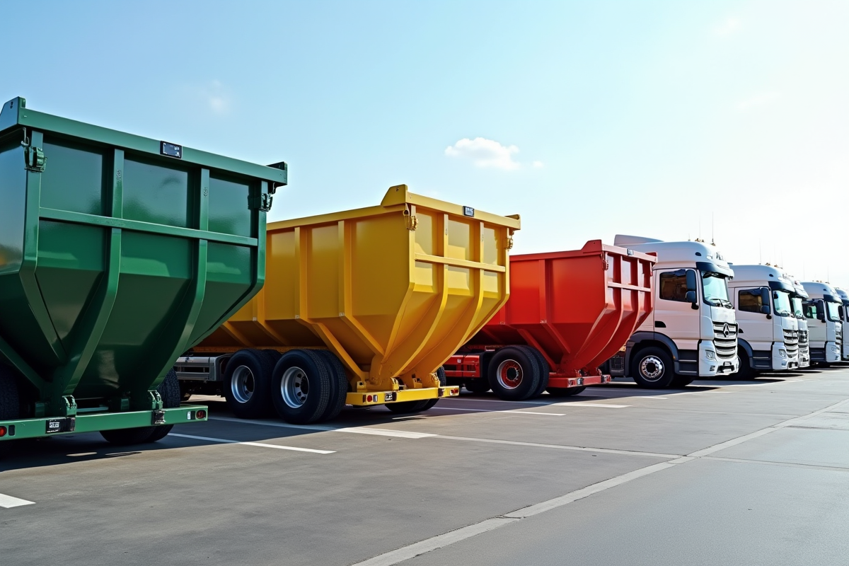 Différents types de bennes alignés avec camions lourds dans un dépôt