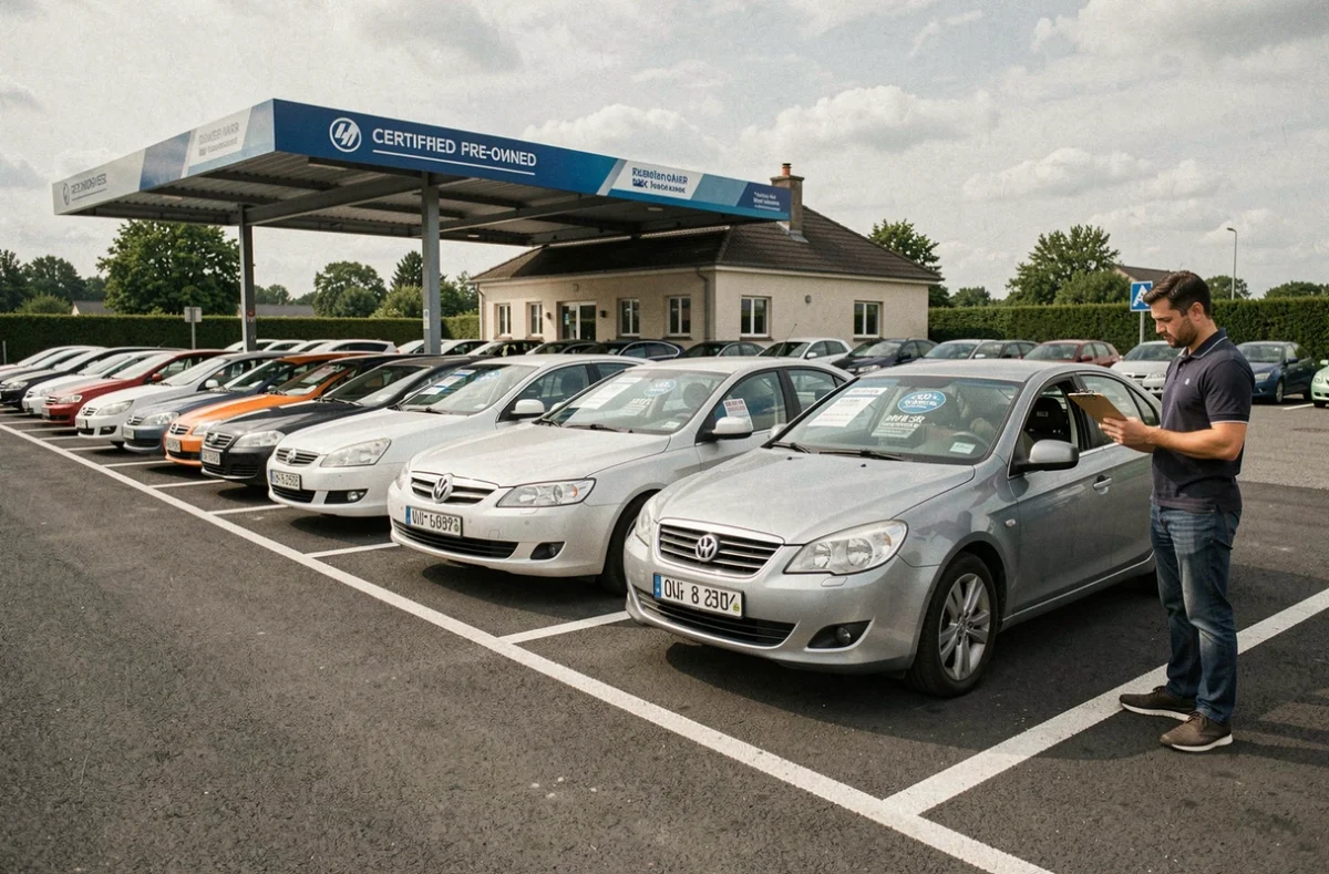 Lot de véhicules d'occasion certifiés chez Distinxion Hauts-de-France avec un inspecteur vérifiant un véhicule labellisé sur le parking