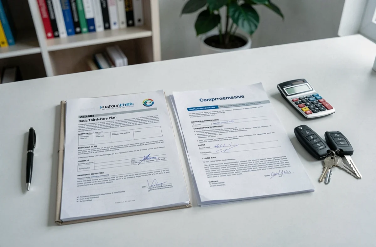 Comparaison côte à côte des documents d'assurance auto au tiers et tous risques sur un bureau