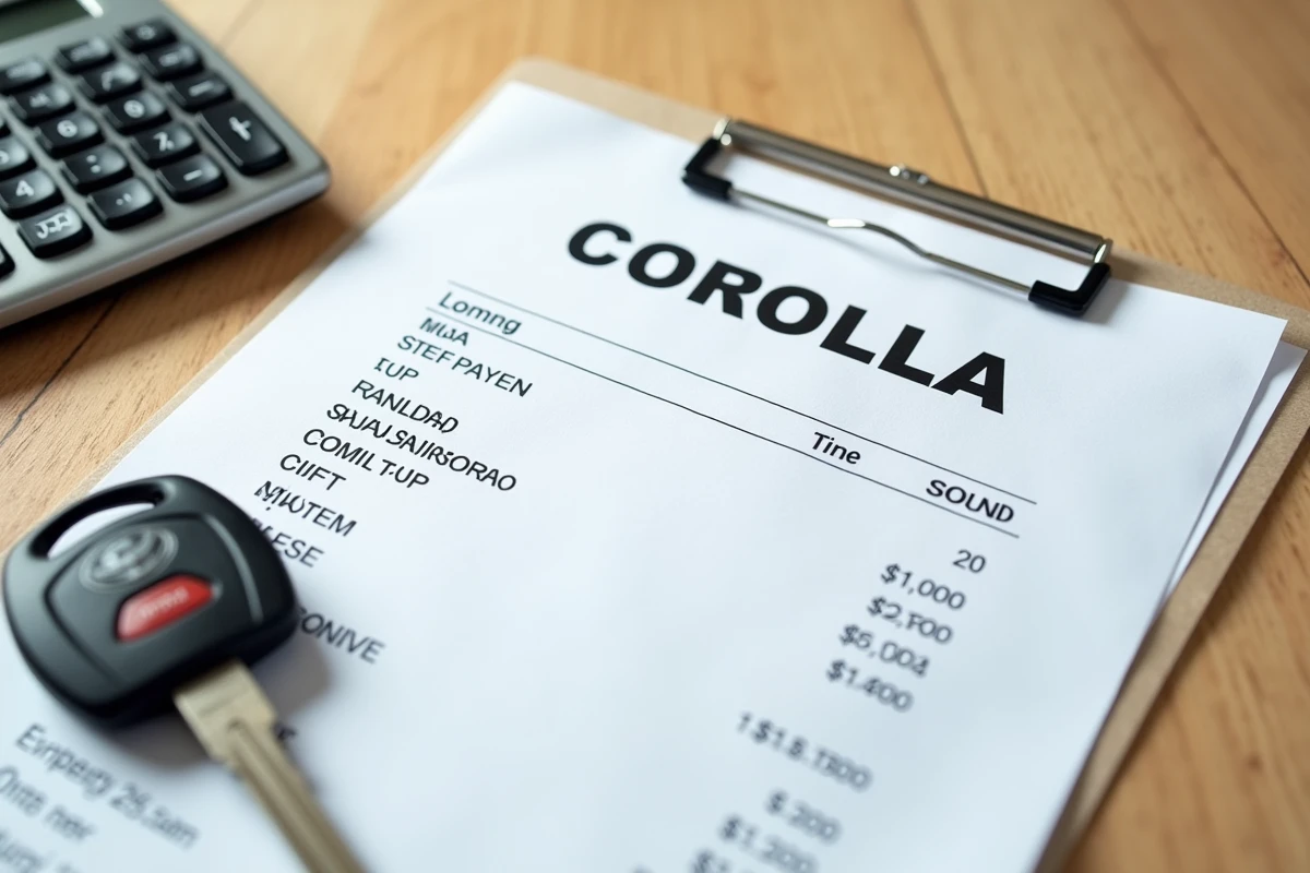 Documents de LOA et LLD pour Toyota Corolla posés sur un bureau avec calculatrice et clé de voiture