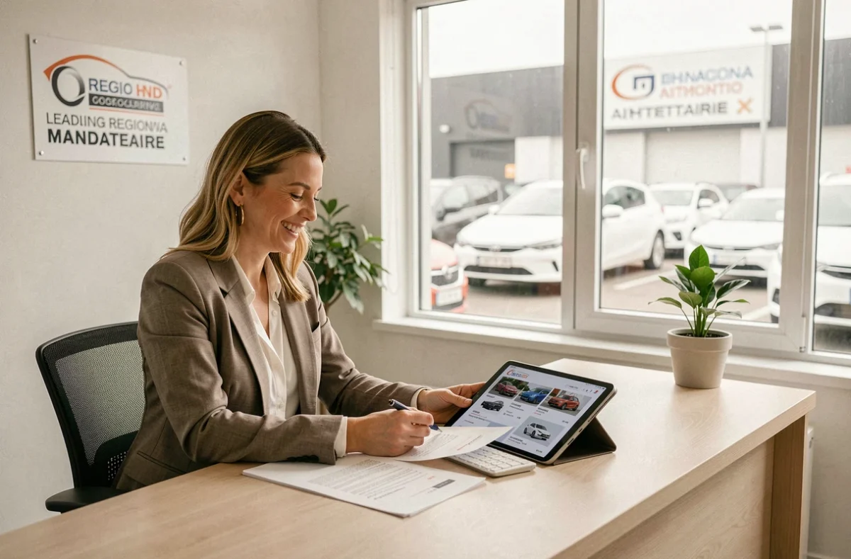 Conseillère souriante au bureau d'un mandataire automobile eBox Auto, premier de la région Hauts-de-France, avec des véhicules visibles derrière la fenêtre