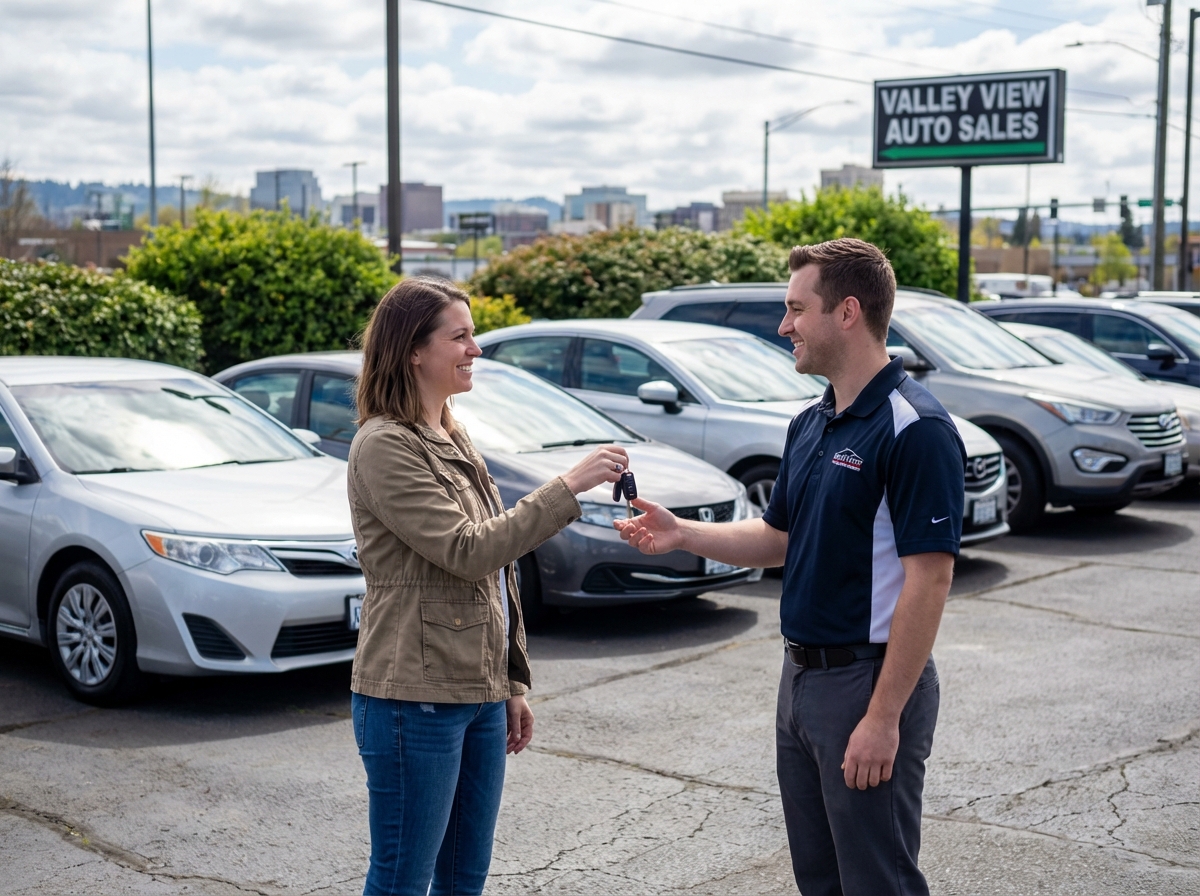Femme remettant des clés de voiture à un vendeur en extérieur