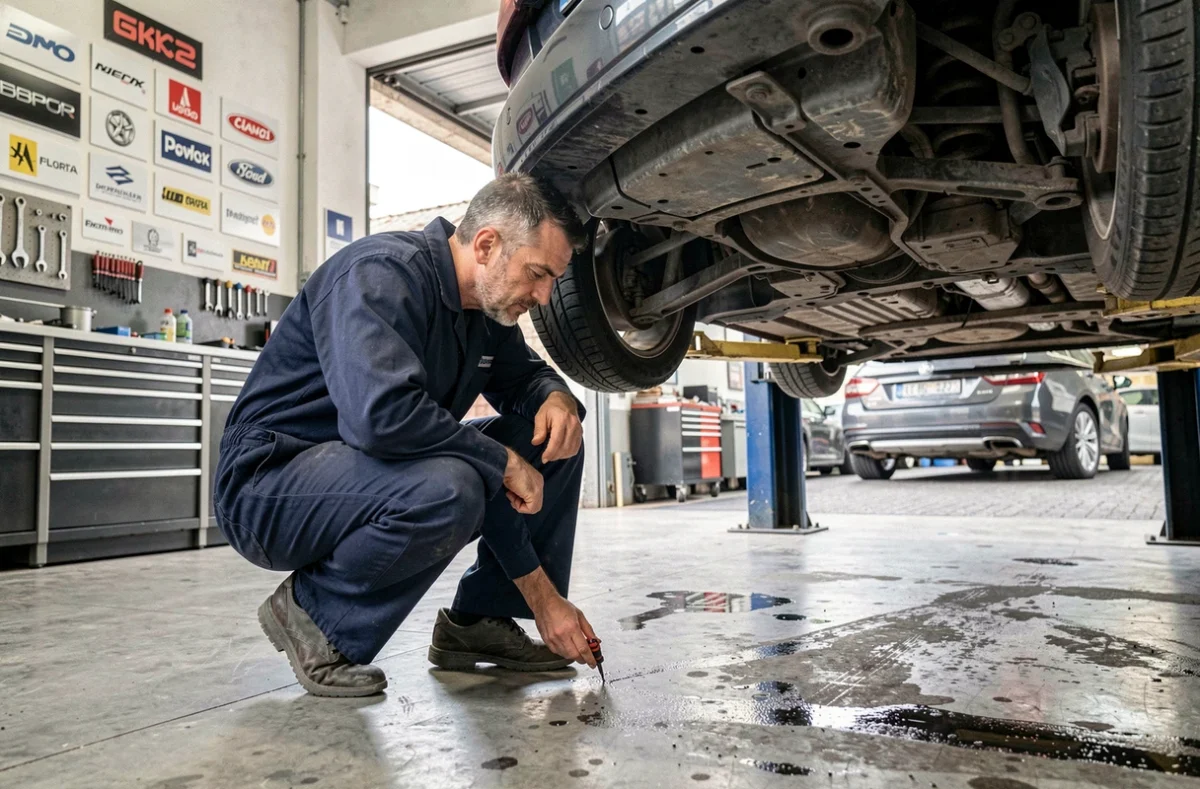 Mécanicien en combinaison bleue inspectant le dessous d'un véhicule dans le garage multimarque EJLJ du 19e arrondissement de Paris