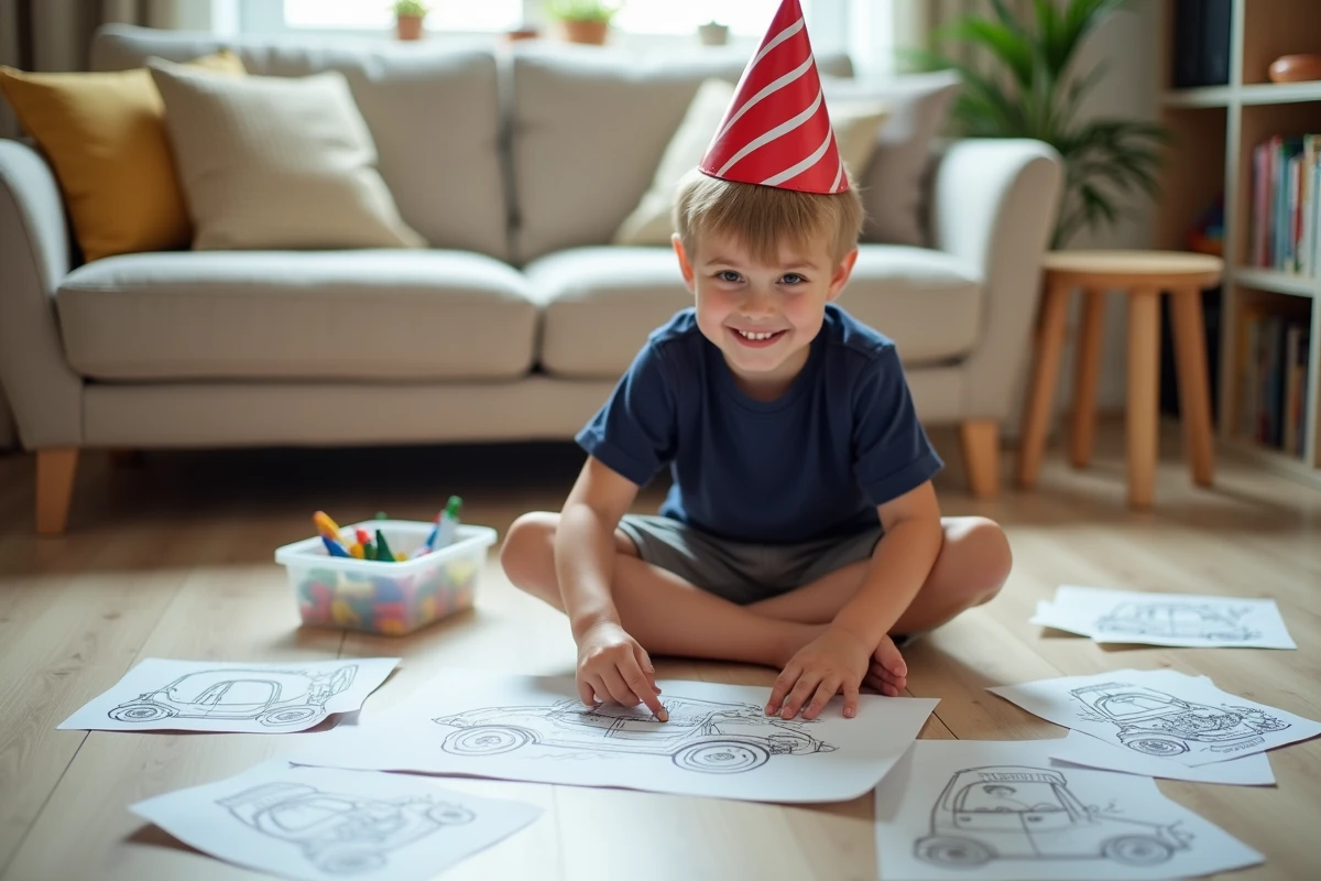 Enfant coloriant un dessin de voiture imprimé pour son anniversaire sur le sol d'un salon moderne