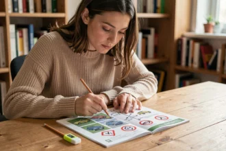 Jeune femme étudiant un livret de code de la route avec schémas et panneaux de signalisation sur un bureau en bois