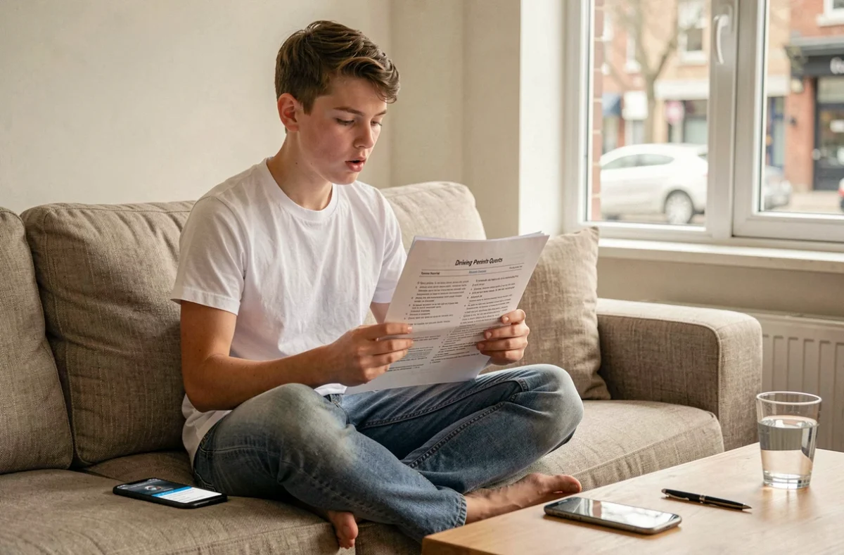 Étudiant de 18 ans révisant un livret PDF de questions de code de la route sur un canapé avec une application de quiz sur smartphone