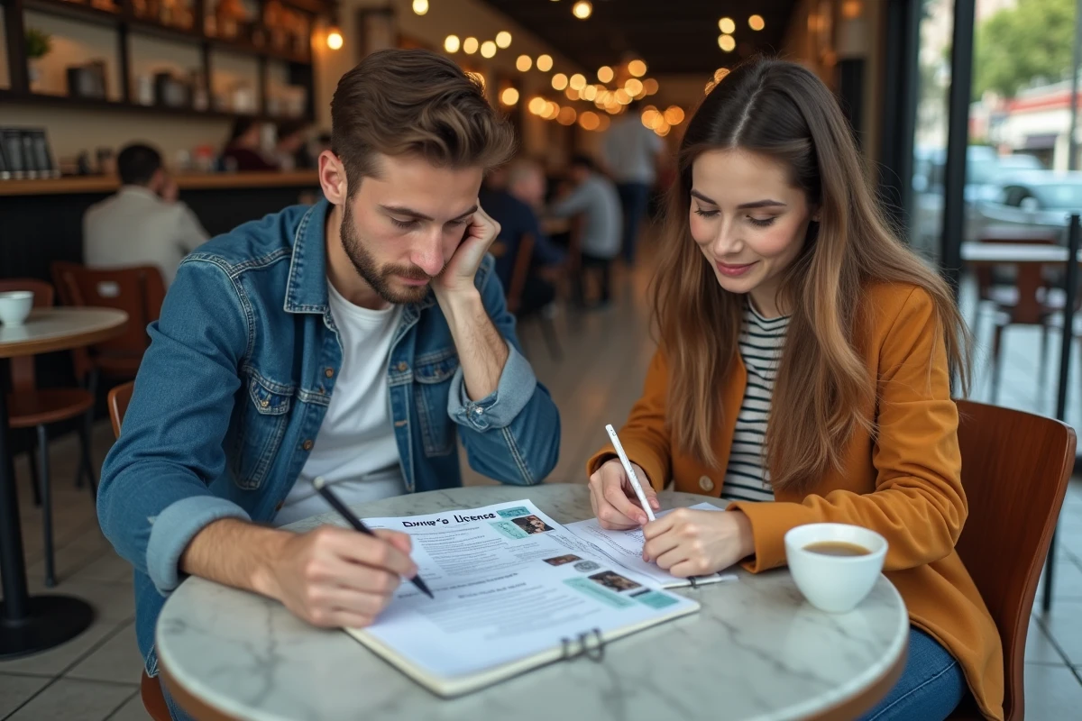 Deux étudiants révisant ensemble un PDF de vérification de permis de conduire dans un café