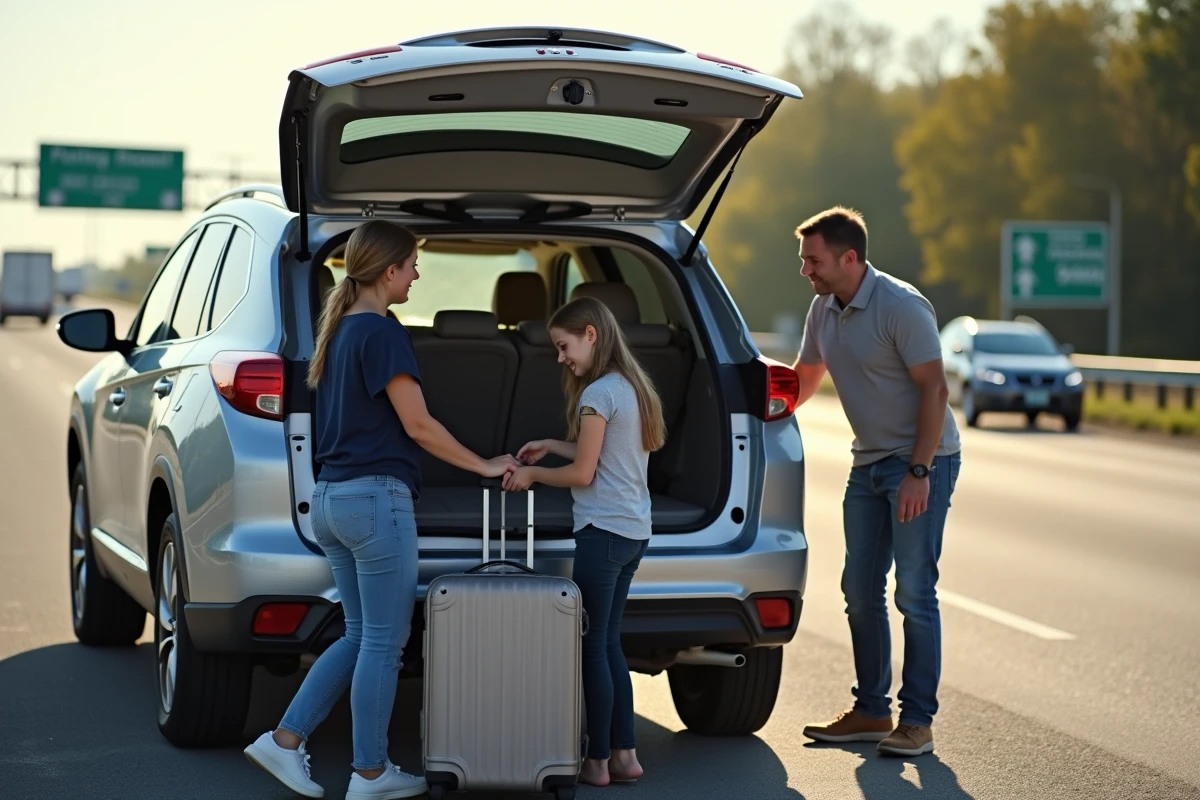 Famille chargeant des bagages dans le coffre spacieux d'un SUV argenté lors d'un arrêt sur autoroute