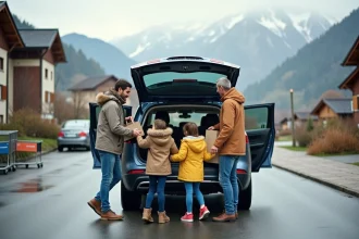Famille suisse chargant le coffre d'un SUV dans un décor alpin