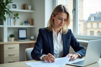 Femme d'affaires française au bureau avec documents et ordinateur