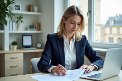 Femme d'affaires française au bureau avec documents et ordinateur
